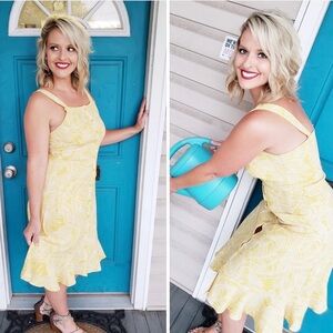 LARA Yellow leaf Midi Dress with Ruffle Hem NWT! Button down#boutique#pictures